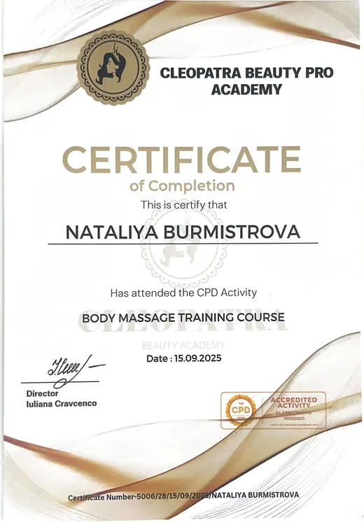 Certificate: Body Massage Training Course — Cleopatra Beauty Pro Academy · CPD accredited, 24 credits · 2025