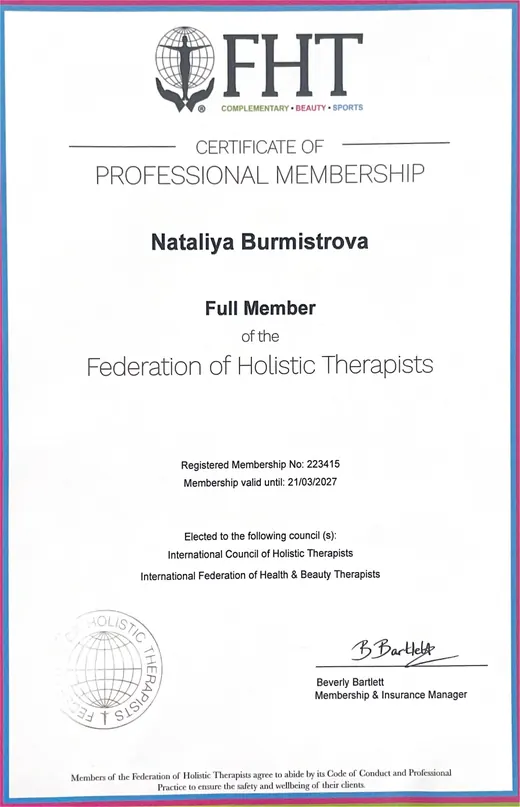 Certificate: Full Member, Federation of Holistic Therapists — FHT · membership no. 223415 · valid to 2027