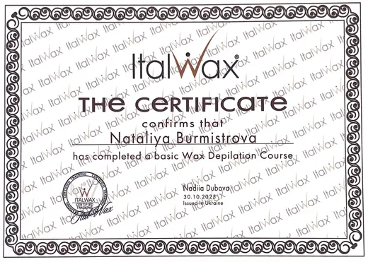 Certificate: Wax Depilation Course — ItalWax Certified Training · 2025