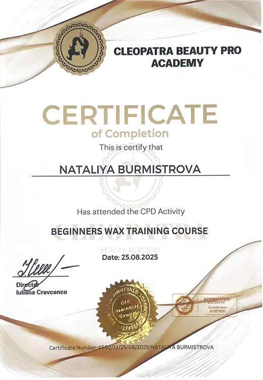 Certificate: Wax Training Course — Cleopatra Beauty Pro Academy · CPD accredited, 16 hours · 2025